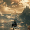A character stands on a cliff overlooking mountains, forests, and a distant castle beneath a dramatic sky. This stunning poster features The Legend of Zelda: Breath of the Wild logo at the bottom. Gaming poster available in A1 to A4 sizes.