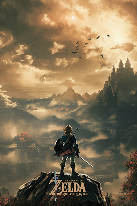 A character stands on a cliff overlooking mountains, forests, and a distant castle beneath a dramatic sky. This stunning poster features The Legend of Zelda: Breath of the Wild logo at the bottom. Gaming poster available in A1 to A4 sizes.
