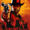 A man in a cowboy hat points a revolver forward; several riders on horseback appear below. The text “Red Dead Redemption 2” is displayed at the bottom of this striking poster. Gaming poster available in A1 to A4 sizes.