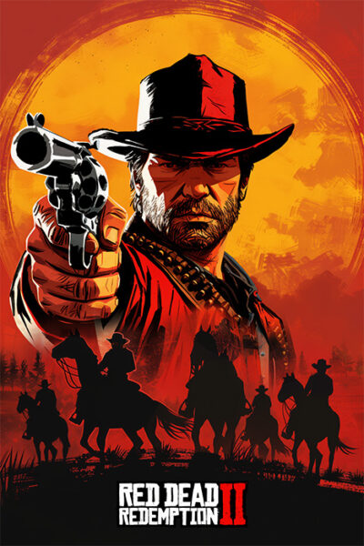 A man in a cowboy hat points a revolver forward; several riders on horseback appear below. The text “Red Dead Redemption 2” is displayed at the bottom of this striking poster. Gaming poster available in A1 to A4 sizes.