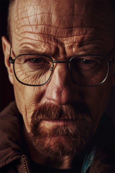 Close-up portrait of a middle-aged man with glasses, moustache, goatee, and furrowed brow in a brown jacket, looking intensely at the camera—Walter White from Breaking Bad. Poster print available in A1 to A4 sizes.