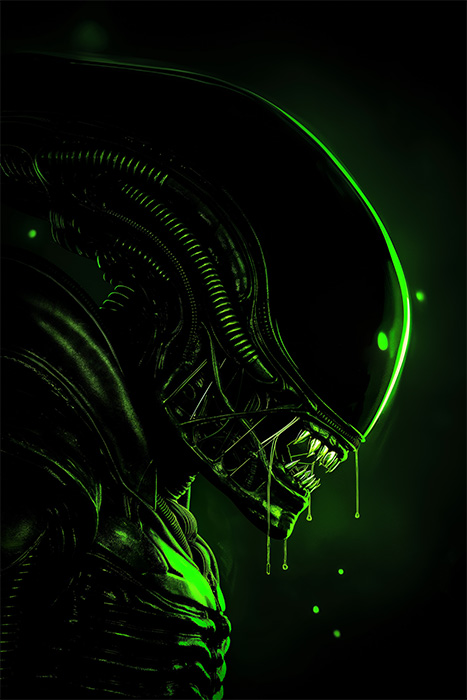 product-image-2-3 A close-up of a biomechanical Alien Xenomorph creature with a shiny, elongated head and dripping green slime, set against a dark, glowing green background. Horror poster available in A1 to A4 sizes.