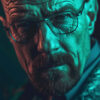 A striking portrait of a bald man with glasses and a goatee. Breaking Bad’s Walter White looks intently at the camera under dramatic green and blue lighting. Poster print available in A1 to A4 sizes.