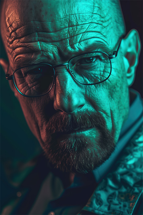 product-image-2-3 A striking portrait of a bald man with glasses and a goatee. Breaking Bad’s Walter White looks intently at the camera under dramatic green and blue lighting. Poster print available in A1 to A4 sizes.