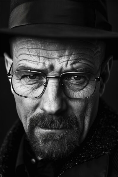 A middle-aged man with glasses, a black hat, and a goatee stares seriously at the camera; a striking Breaking Bad portrait of Walter White. Poster print available in A1 to A4 sizes.