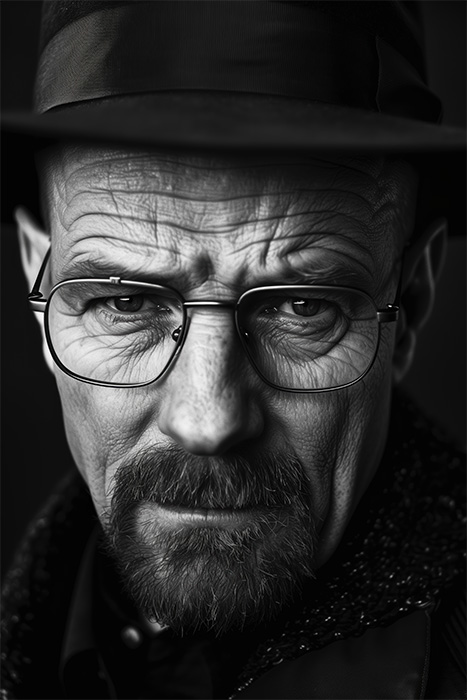 product-image-2-3 A middle-aged man with glasses, a black hat, and a goatee stares seriously at the camera; a striking Breaking Bad portrait of Walter White. Poster print available in A1 to A4 sizes.