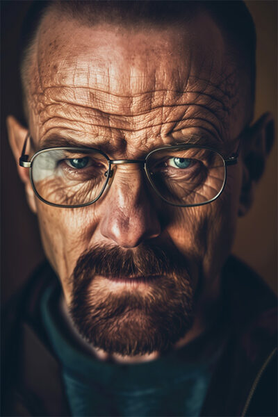 A middle-aged man with glasses, a goatee, and a serious expression, looking directly at the camera. Walter White portrait from Breaking Bad. Poster print available in A1 to A4 sizes.