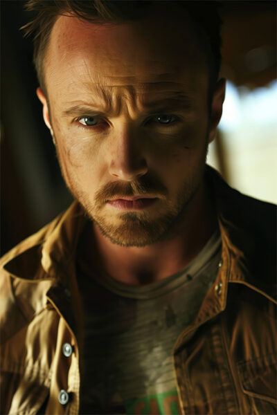 A man with a serious expression stands indoors, wearing a tan jacket over a t-shirt. His face is slightly dirty and he has a short beard and mustache—a portrait reminiscent of Jesse Pinkman from Breaking Bad. Poster print available in A1 to A4 sizes.