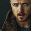 A man with light skin, short hair, and a trimmed beard wears a brown shearling-lined jacket, looking intently at the camera against a dark background. Breaking Bad's Jesse Pinkman character. Poster print available in A1 to A4 sizes.