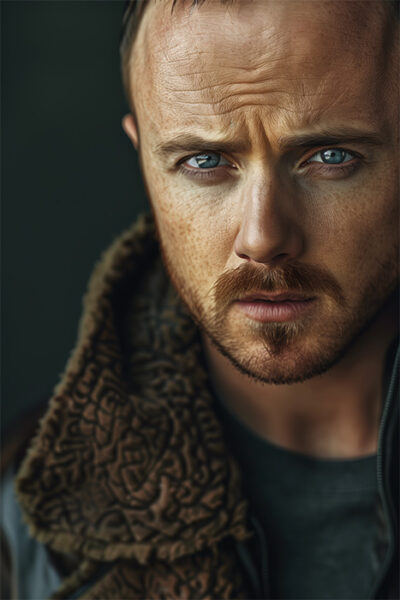 A man with light skin, short hair, and a trimmed beard wears a brown shearling-lined jacket, looking intently at the camera against a dark background. Breaking Bad's Jesse Pinkman character. Poster print available in A1 to A4 sizes.