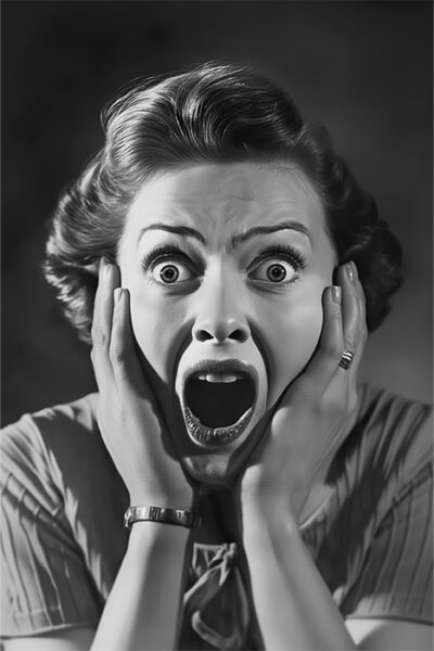 Black and white photo of a woman with wide eyes and mouth open in a scream, holding her face with both hands, expressing shock or fear. Horror poster available in A1 to A4 sizes.