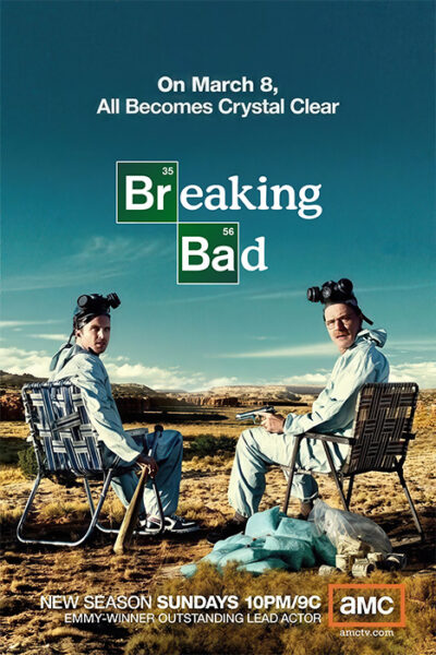 Two men in hazmat suits sit on lawn chairs in a desert landscape with equipment nearby. This Breaking Bad poster highlights details about the shows new season and its airtime on AMC. Poster print available in A1 to A4 sizes.
