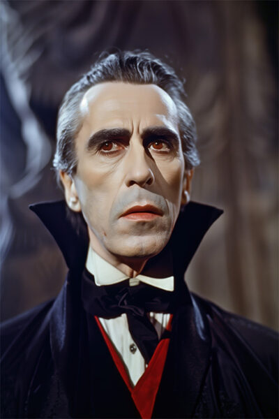 A man in a dark cape and high-collared coat stands indoors, looking serious. His slicked-back hair and vintage attire—a white shirt, red vest, and black cravat—evoke a classic Dracula look. Horror poster available in A1 to A4 sizes.