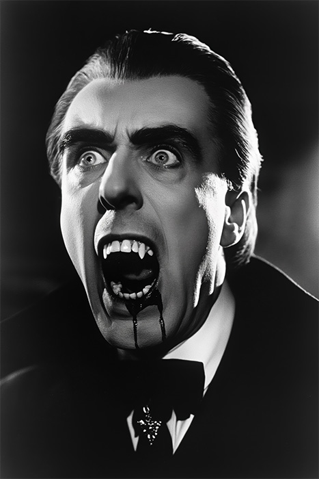 product-image-2-3 Dracula, with fangs bared and blood dripping from his mouth, is captured in dramatic black and white lighting for a chilling vintage look. Horror poster available in A1 to A4 sizes.