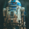 A weathered R2-D2 droid from Star Wars stands against a dark, textured background, its Version 2 frame marked by visible dirt and scratches. Fantasy art poster available in A1 to A4 sizes.