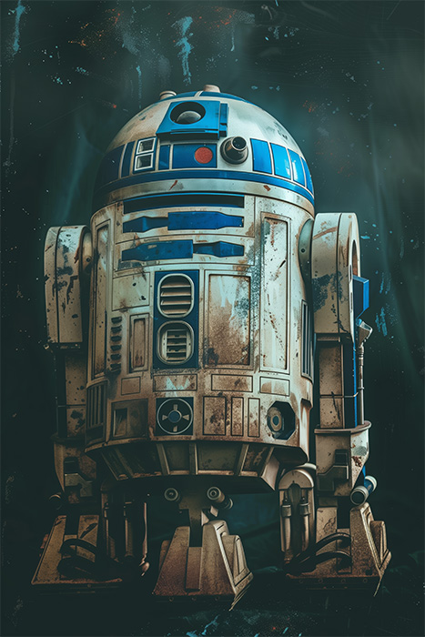 product-image-2-3 A weathered R2-D2 droid from Star Wars stands against a dark, textured background, its Version 2 frame marked by visible dirt and scratches. Fantasy art poster available in A1 to A4 sizes.