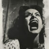 A woman in vintage clothing screams with her mouth wide open; the photo is black and white with distressed, worn edges. Horror poster available in A1 to A4 sizes.