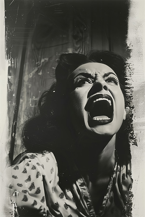 product-image-2-3 A woman in vintage clothing screams with her mouth wide open; the photo is black and white with distressed, worn edges. Horror poster available in A1 to A4 sizes.