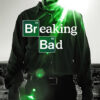 A man with glasses and a goatee stands in the desert with the sun behind him. The words Breaking Bad in a scientific element style appear over the centre of this striking Walter White poster. Poster print available in A1 to A4 sizes.