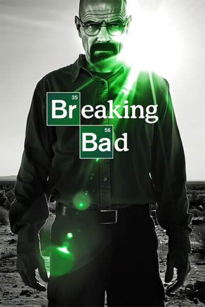 A man with glasses and a goatee stands in the desert with the sun behind him. The words Breaking Bad in a scientific element style appear over the centre of this striking Walter White poster. Poster print available in A1 to A4 sizes.