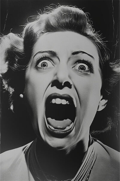 Black and white photo of a woman with wide eyes and mouth open, appearing to scream or shout, expressing intense fear or shock. Horror poster available in A1 to A4 sizes.