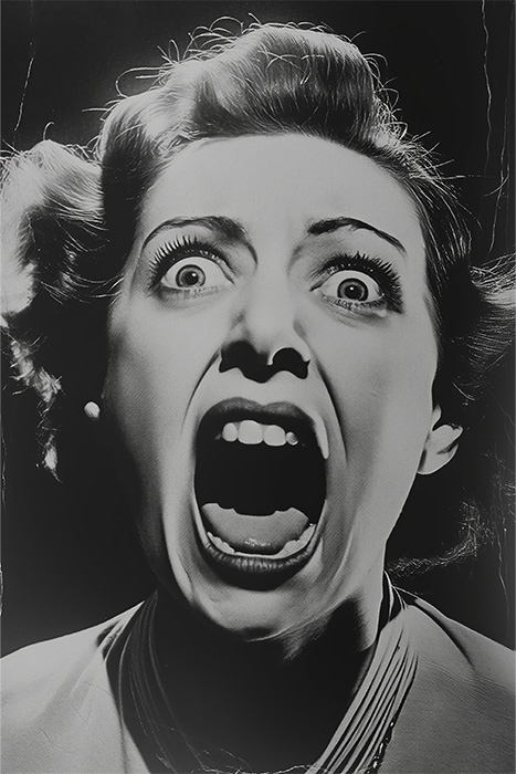 product-image-2-3 Black and white photo of a woman with wide eyes and mouth open, appearing to scream or shout, expressing intense fear or shock. Horror poster available in A1 to A4 sizes.