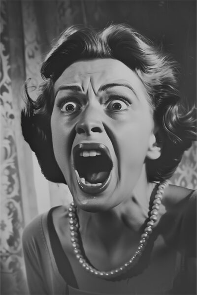 Black-and-white photo of a woman with wide eyes and mouth open, appearing to scream or shout, wearing a pearl necklace and standing indoors. Horror poster available in A1 to A4 sizes.