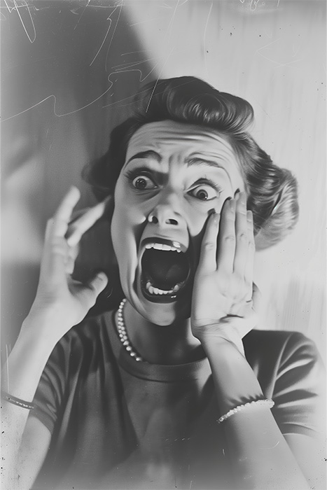 product-image-2-3 A woman with a vintage hairstyle and pearl necklace screams in fear, holding her hands to her face. Horror poster available in A1 to A4 sizes.