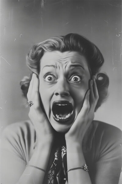 Black and white photo of a woman with wide eyes and mouth open, holding her face in apparent shock or fear. Horror poster available in A1 to A4 sizes.