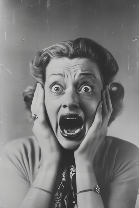 product-image-2-3 Black and white photo of a woman with wide eyes and mouth open, holding her face in apparent shock or fear. Horror poster available in A1 to A4 sizes.