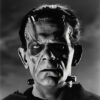 Vintage black and white portrait of a person as Frankenstein's Monster, featuring bolts in the neck and forehead scars, illuminated by dramatic lighting. Horror poster available in A1 to A4 sizes.