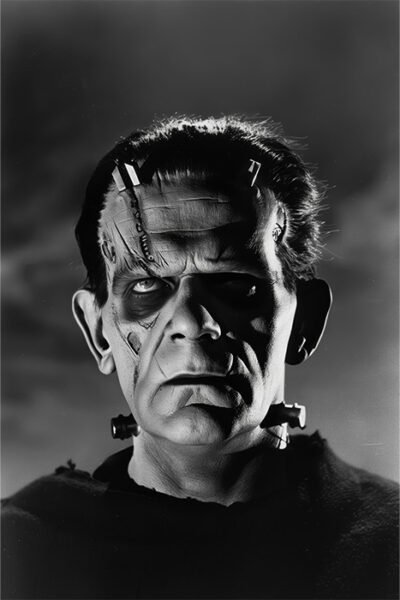 Vintage black and white portrait of a person as Frankenstein's Monster, featuring bolts in the neck and forehead scars, illuminated by dramatic lighting. Horror poster available in A1 to A4 sizes.