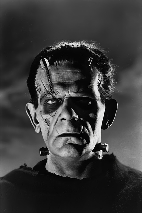 Vintage black and white portrait of a person as Frankenstein's Monster, featuring bolts in the neck and forehead scars, illuminated by dramatic lighting. Horror poster available in A1 to A4 sizes.