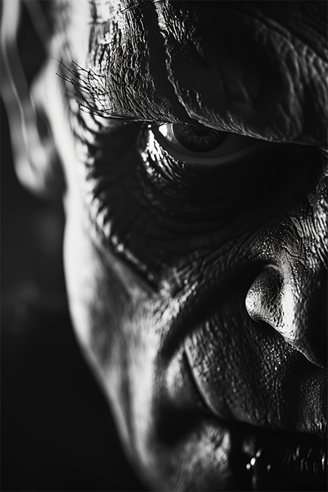 product-image-2-3 Close-up, high-contrast black and white image of a persons wrinkled face evokes a vintage feel, focusing on one intense eye and textured skin; the expression appears serious or menacing, reminiscent of Frankensteins Monster. Horror poster available in A1 to A4 sizes.