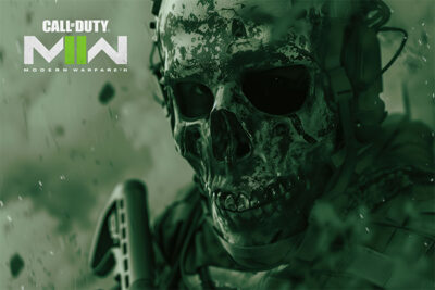 A soldier in a skull mask and tactical gear grips his weapon in this striking Modern Warfare II poster, with the Call of Duty: Modern Warfare II logo featured in the corner of the green-tinted image. Gaming poster available in A1 to A4 sizes.