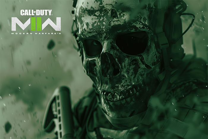 product-image-3-2 A soldier in a skull mask and tactical gear grips his weapon in this striking Modern Warfare II poster, with the Call of Duty: Modern Warfare II logo featured in the corner of the green-tinted image. Gaming poster available in A1 to A4 sizes.
