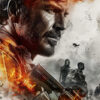 A rugged man with a serious expression is overlaid with images of four armed soldiers and fiery effects, creating intense gaming art inspired by Call Of Duty’s signature military action. Gaming poster available in A1 to A4 sizes.