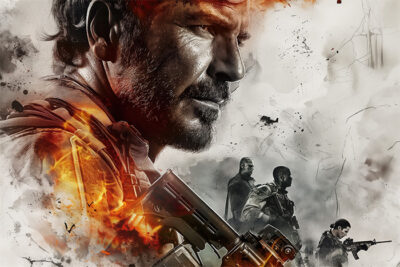 A rugged man with a serious expression is overlaid with images of four armed soldiers and fiery effects, creating intense gaming art inspired by Call Of Duty’s signature military action. Gaming poster available in A1 to A4 sizes.