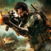 A soldier in tactical gear fires an assault rifle in a jungle setting, with burning vehicles and explosions in the background—true Call Of Duty Art inspired by action-packed moments. Gaming poster available in A1 to A4 sizes.