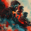Four armed soldiers in tactical gear stand amid red and teal smoke, their intense expressions and dramatic lighting evoking a war-like atmosphere—true Call of Duty inspired art. Gaming poster available in A1 to A4 sizes.
