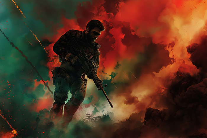 product-image-3-2 A soldier in tactical gear holding a rifle stands amid dense smoke and fiery clouds, in a scene of battle inspired by Call Of Duty art. Gaming poster available in A1 to A4 sizes.