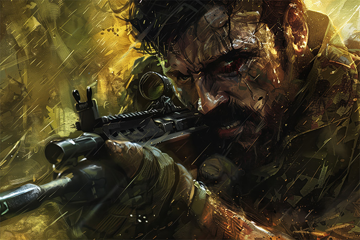 A gritty, intense illustration of a bearded man aiming a rifle, with light and rain effects highlighting the tense atmosphere—perfect for fans of Call Of Duty art. Gaming poster available in A1 to A4 sizes.