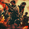 A group of armed soldiers in tactical gear advances through a fiery, smoky battlefield with palm trees in the background, capturing the intensity of Call Of Duty Art. Gaming poster available in A1 to A4 sizes.