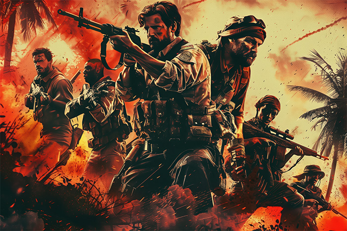 A group of armed soldiers in tactical gear advances through a fiery, smoky battlefield with palm trees in the background, capturing the intensity of Call Of Duty Art. Gaming poster available in A1 to A4 sizes.