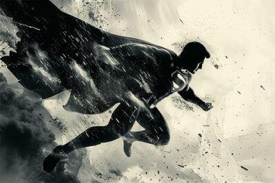 A black and white Superman in a cape and suit with an S emblem, flies through a stormy sky surrounded by debris and dark clouds. Fantasy art poster available in A1 to A4 sizes.