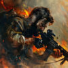Amidst smoke and fire, a soldier with a rifle crouches, his muddy face intense as he aims forward—surrounded by burning debris and flying embers. This scene channels Inspired Art reminiscent of Call Of Duty’s gripping action. Gaming poster available in A1 to A4 sizes.