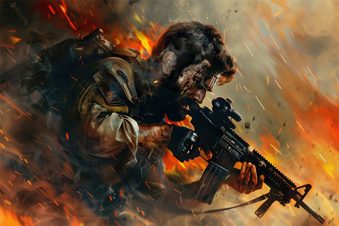 Amidst smoke and fire, a soldier with a rifle crouches, his muddy face intense as he aims forward—surrounded by burning debris and flying embers. This scene channels Inspired Art reminiscent of Call Of Duty’s gripping action. Gaming poster available in A1 to A4 sizes.
