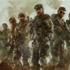 A group of seven heavily armed soldiers in tactical gear stand together in a smoky, battle-damaged environment, facing forward with serious expressions in this Call Of Duty inspired art. Gaming poster available in A1 to A4 sizes.