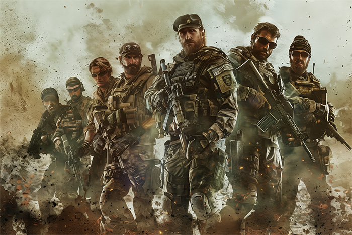 A group of seven heavily armed soldiers in tactical gear stand together in a smoky, battle-damaged environment, facing forward with serious expressions in this Call Of Duty inspired art. Gaming poster available in A1 to A4 sizes.