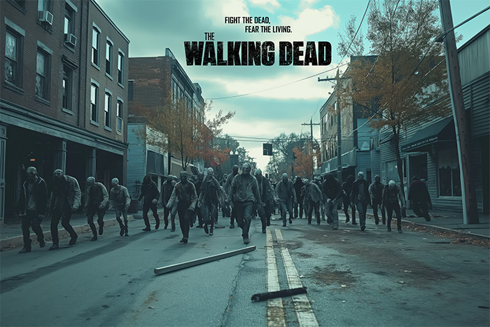 product-image-3-2 A crowd of zombies walks down an empty street in a deserted town under a cloudy sky. The Walking Dead Poster features the shows title and tagline at the top of the image. Horror poster available in A1 to A4 sizes.